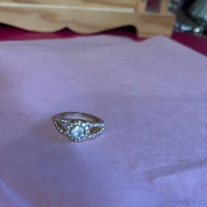 Silver-Tone  Split-Shank Halo Statement Ring with Clear Center Stone. Size 5